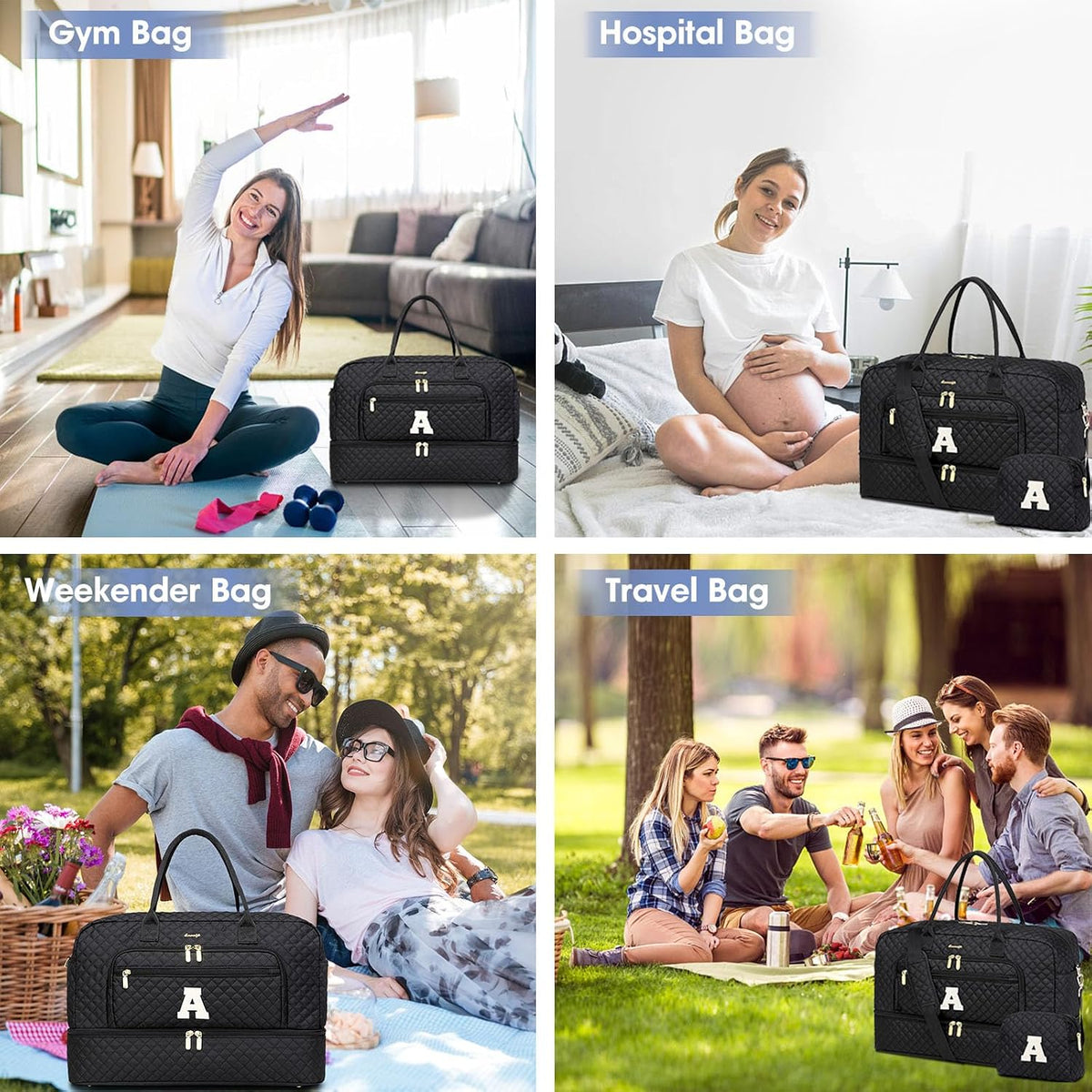 Large Women's Travel Duffel, Weekender with Shoe Compartment, Carry On Overnight Bag, Gym Duffel with Wet Pocket, Hospital Bags for Labor and Delivery - 3 PCS Set - Colors A