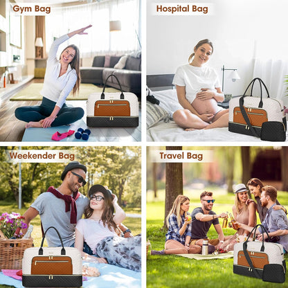 Large Women's Travel Duffel, Weekender with Shoe Compartment, Carry On Overnight Bag, Gym Duffel with Wet Pocket, Hospital Bags for Labor and Delivery - 3 PCS Set - Colors A