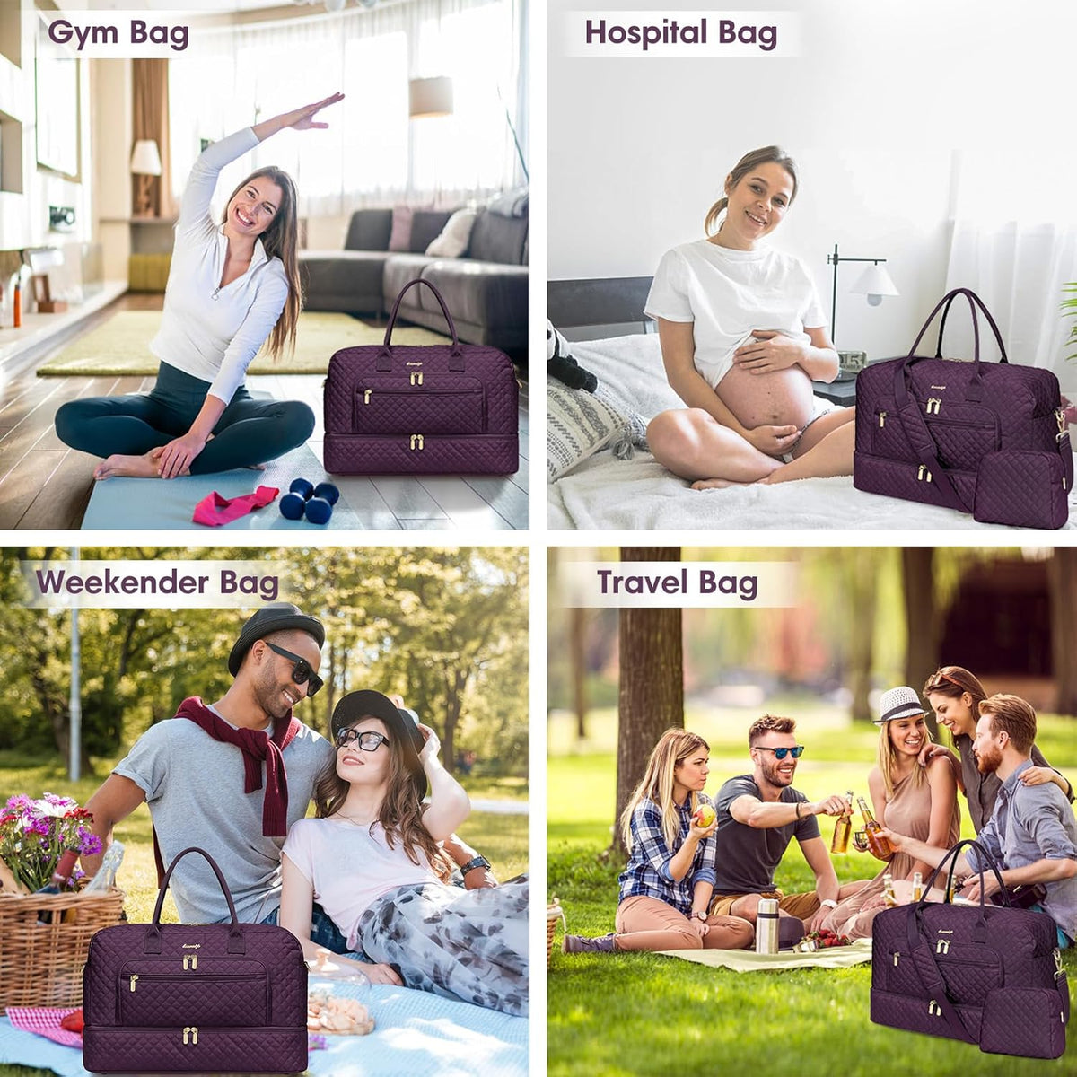 Large Women's Travel Duffel, Weekender with Shoe Compartment, Carry On Overnight Bag, Gym Duffel with Wet Pocket, Hospital Bags for Labor and Delivery - 3 PCS Set - Colors A