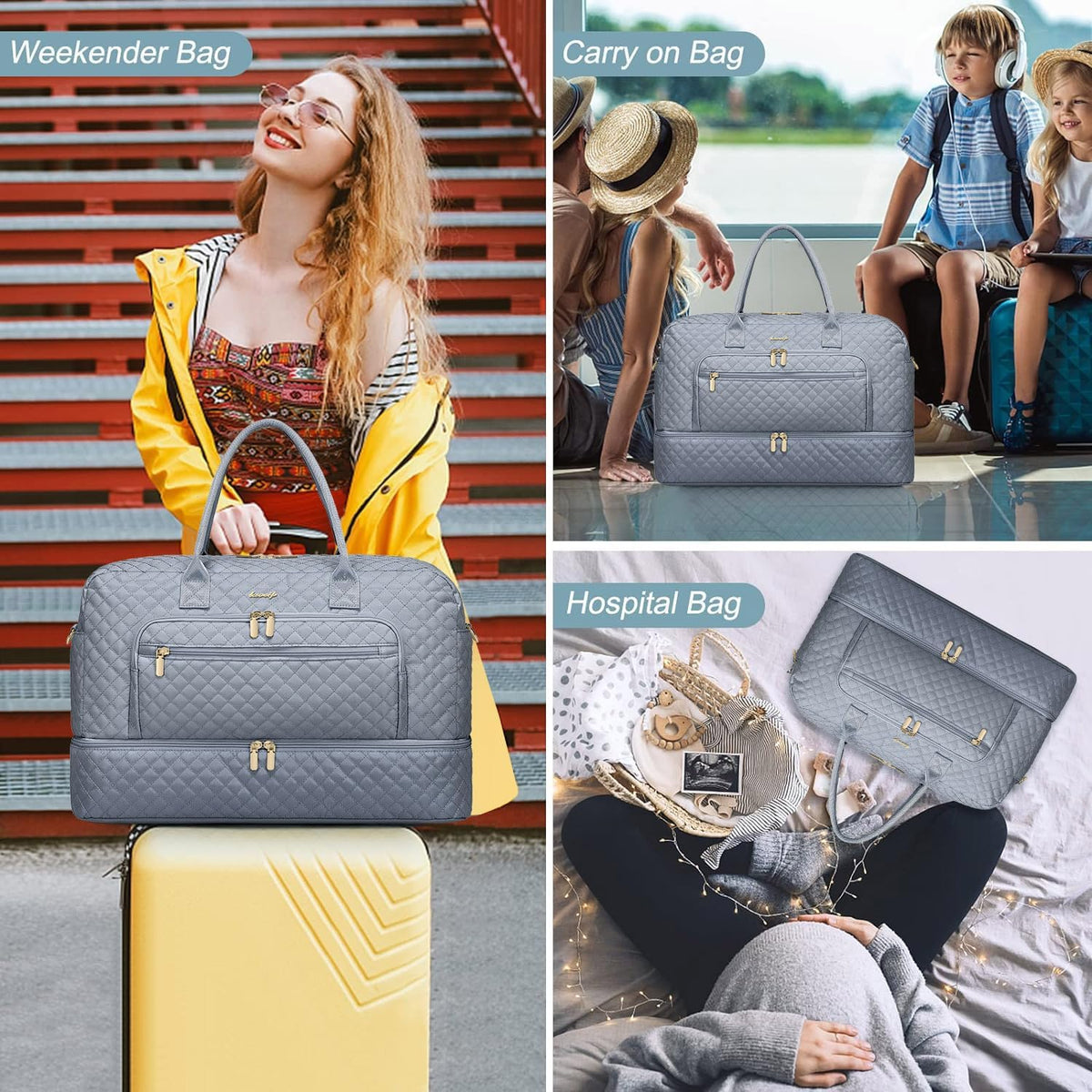 Large Women's Travel Duffel, Weekender with Shoe Compartment, Carry On Overnight Bag, Gym Duffel with Wet Pocket, Hospital Bags for Labor and Delivery - 3 PCS Set - Colors A