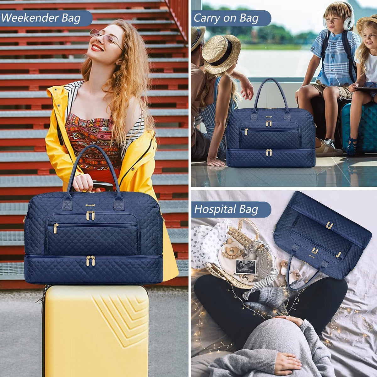 Large Women's Travel Duffel, Weekender with Shoe Compartment, Carry On Overnight Bag, Gym Duffel with Wet Pocket, Hospital Bags for Labor and Delivery - 3 PCS Set - Colors A