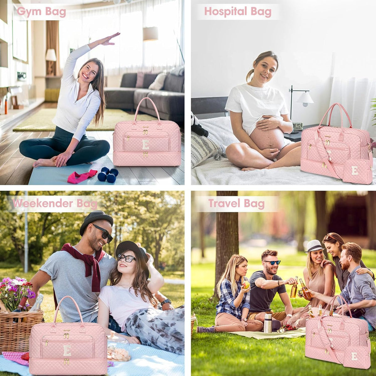 Large Women's Travel Duffel, Weekender with Shoe Compartment, Carry On Overnight Bag, Gym Duffel with Wet Pocket, Hospital Bags for Labor and Delivery - 3 PCS Set - Colors A