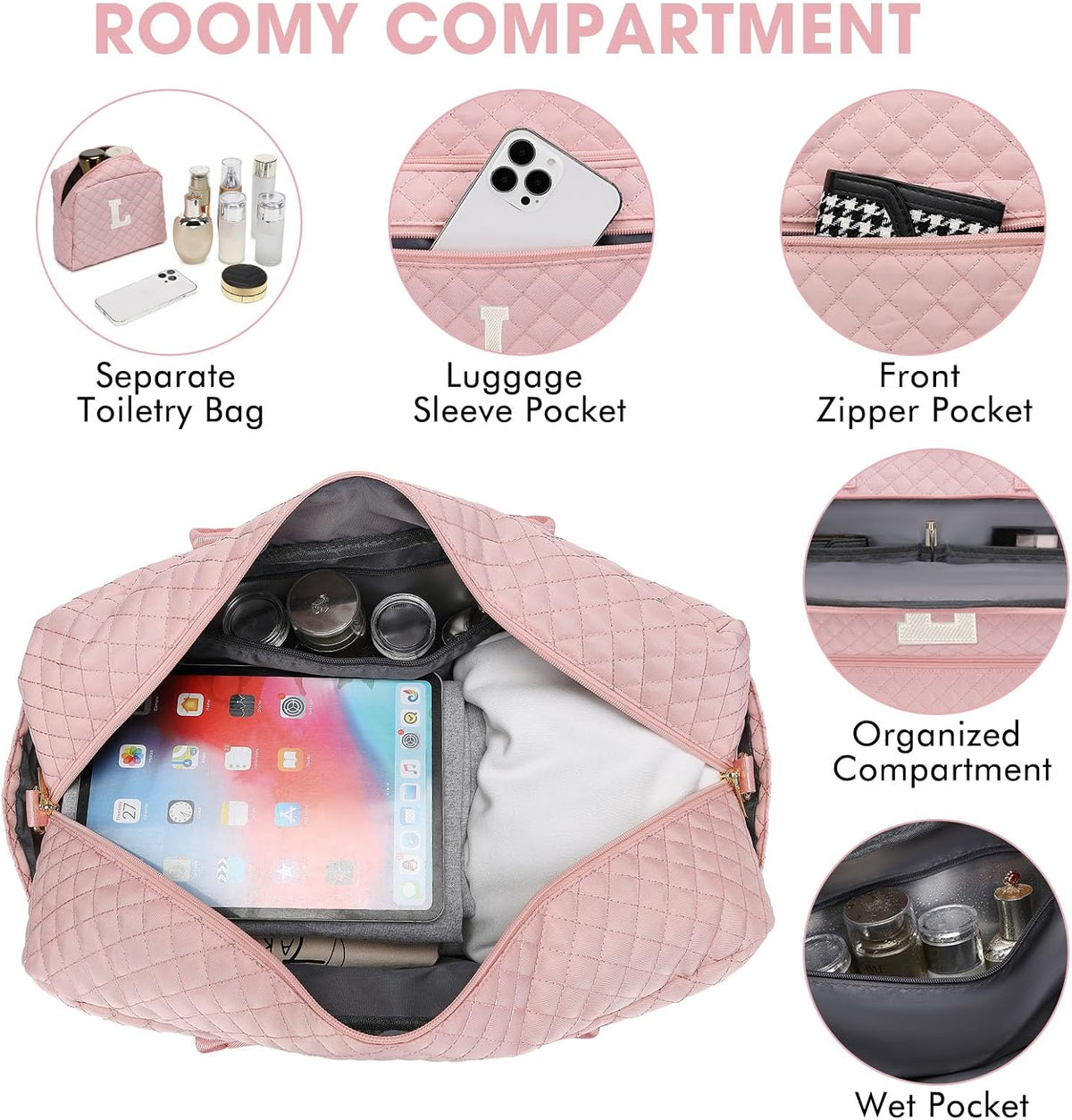 Large Women's Travel Duffel, Weekender with Shoe Compartment, Carry On Overnight Bag, Gym Duffel with Wet Pocket, Hospital Bags for Labor and Delivery - 3 PCS Set - Colors A