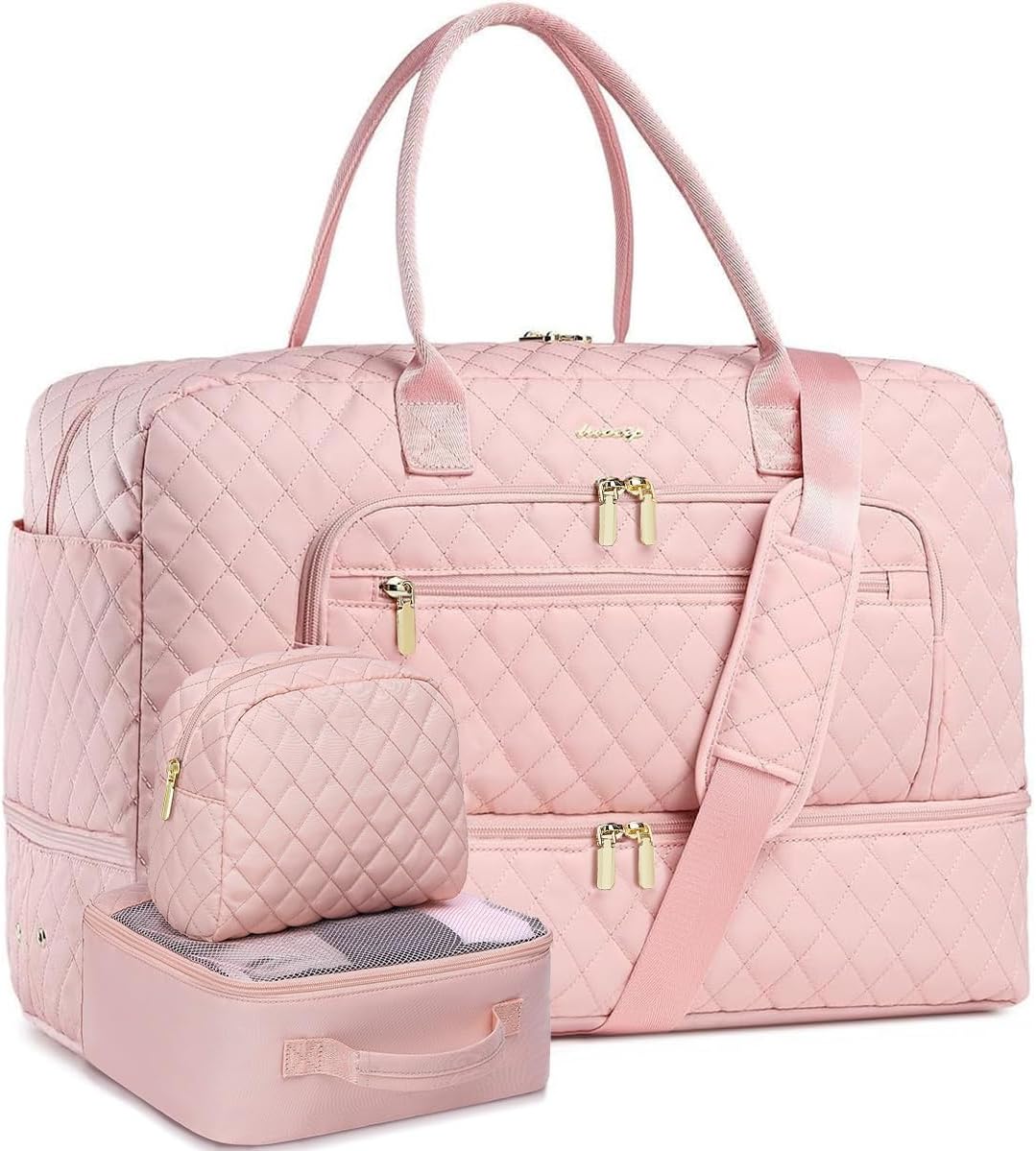 Large Women's Travel Duffel, Weekender with Shoe Compartment, Carry On Overnight Bag, Gym Duffel with Wet Pocket, Hospital Bags for Labor and Delivery - 3 PCS Set - Colors A