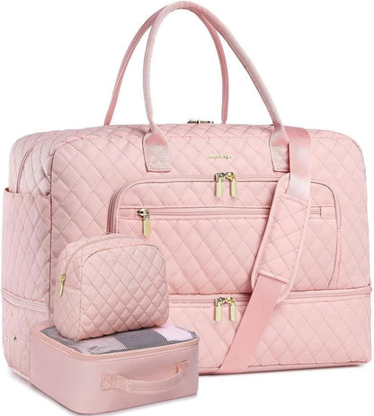 Large Women's Travel Duffel, Weekender with Shoe Compartment, Carry On Overnight Bag, Gym Duffel with Wet Pocket, Hospital Bags for Labor and Delivery - 3 PCS Set - Colors A