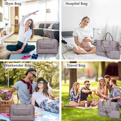 Large Women's Travel Duffel, Weekender with Shoe Compartment, Carry On Overnight Bag, Gym Duffel with Wet Pocket, Hospital Bags for Labor and Delivery - 3 PCS Set - Colors A