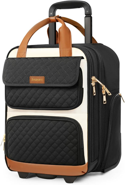 Underseat Carry On Luggage with Wheels, Airline Approved Personal Item Luggage, 16-Inch Multi-functional Underseat Luggage, Lightweight Overnight Suitcase for Women, Bussiness, Travel, Black
