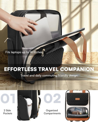 Underseat Carry On Luggage with Wheels, Airline Approved Personal Item Luggage, 16-Inch Multi-functional Underseat Luggage, Lightweight Overnight Suitcase for Women, Bussiness, Travel, Black