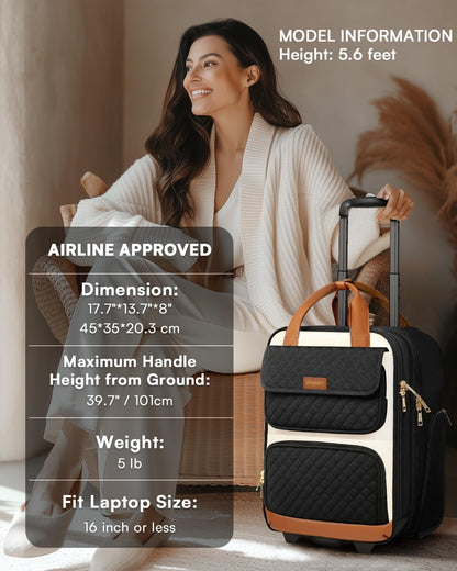 Underseat Carry On Luggage with Wheels, Airline Approved Personal Item Luggage, 16-Inch Multi-functional Underseat Luggage, Lightweight Overnight Suitcase for Women, Bussiness, Travel, Black