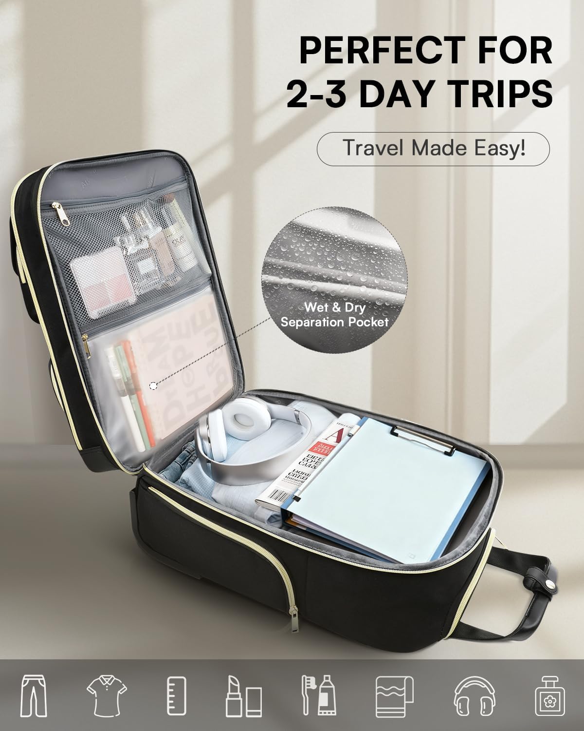 Underseat Carry On Luggage with Wheels, Airline Approved Personal Item Luggage, 16-Inch Multi-functional Underseat Luggage, Lightweight Overnight Suitcase for Women, Bussiness, Travel, Black