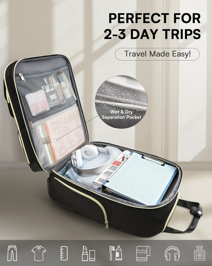 Underseat Carry On Luggage with Wheels, Airline Approved Personal Item Luggage, 16-Inch Multi-functional Underseat Luggage, Lightweight Overnight Suitcase for Women, Bussiness, Travel, Black