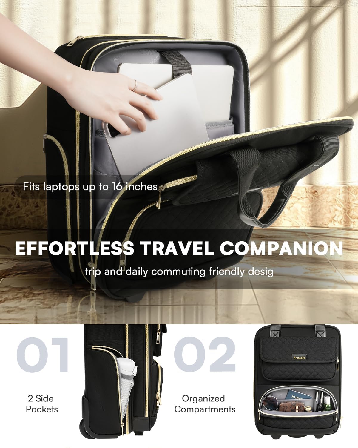 Underseat Carry On Luggage with Wheels, Airline Approved Personal Item Luggage, 16-Inch Multi-functional Underseat Luggage, Lightweight Overnight Suitcase for Women, Bussiness, Travel, Black