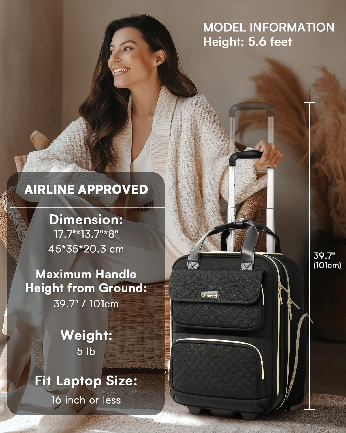 Underseat Carry On Luggage with Wheels, Airline Approved Personal Item Luggage, 16-Inch Multi-functional Underseat Luggage, Lightweight Overnight Suitcase for Women, Bussiness, Travel, Black