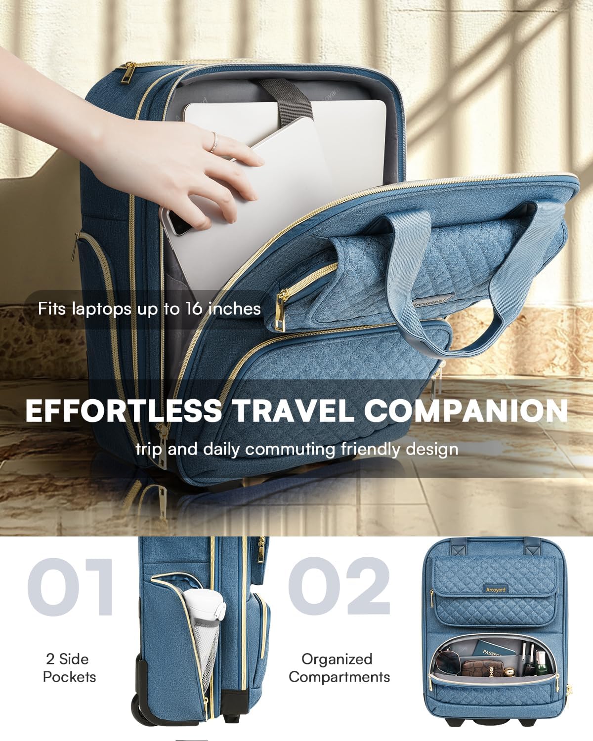 Underseat Carry On Luggage with Wheels, Airline Approved Personal Item Luggage, 16-Inch Multi-functional Underseat Luggage, Lightweight Overnight Suitcase for Women, Bussiness, Travel, Black