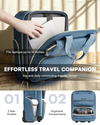 Underseat Carry On Luggage with Wheels, Airline Approved Personal Item Luggage, 16-Inch Multi-functional Underseat Luggage, Lightweight Overnight Suitcase for Women, Bussiness, Travel, Black