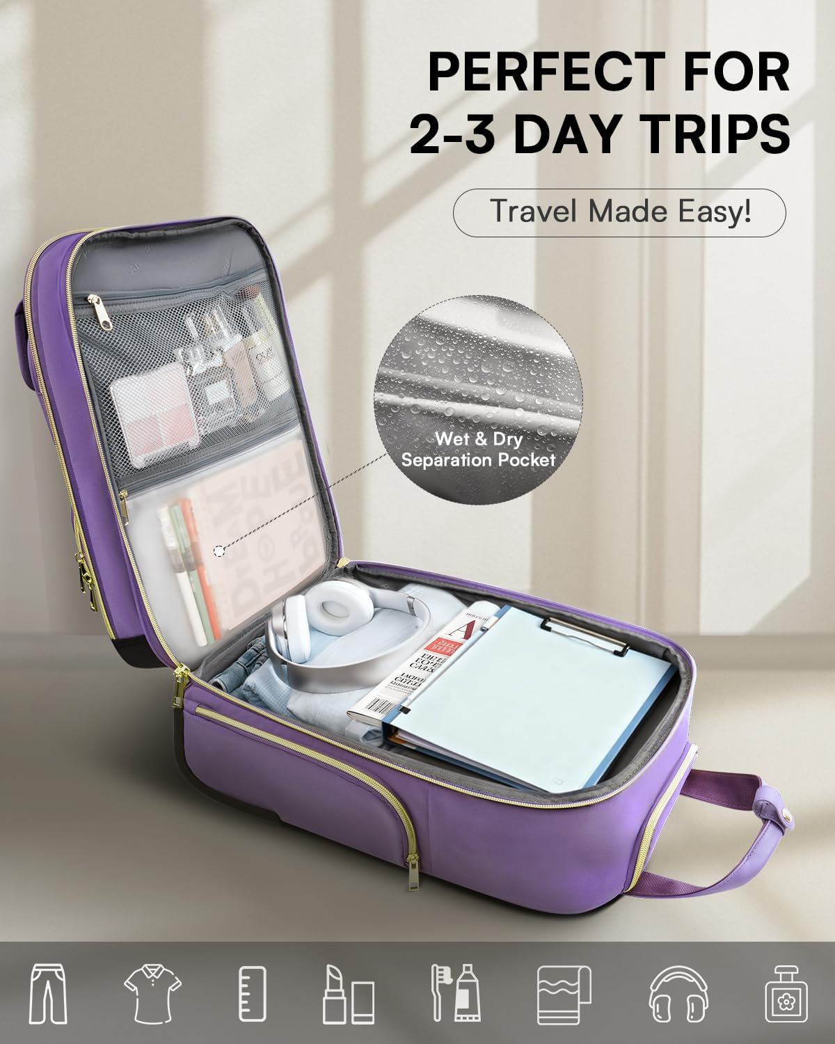 Underseat Carry On Luggage with Wheels, Airline Approved Personal Item Luggage, 16-Inch Multi-functional Underseat Luggage, Lightweight Overnight Suitcase for Women, Bussiness, Travel, Black