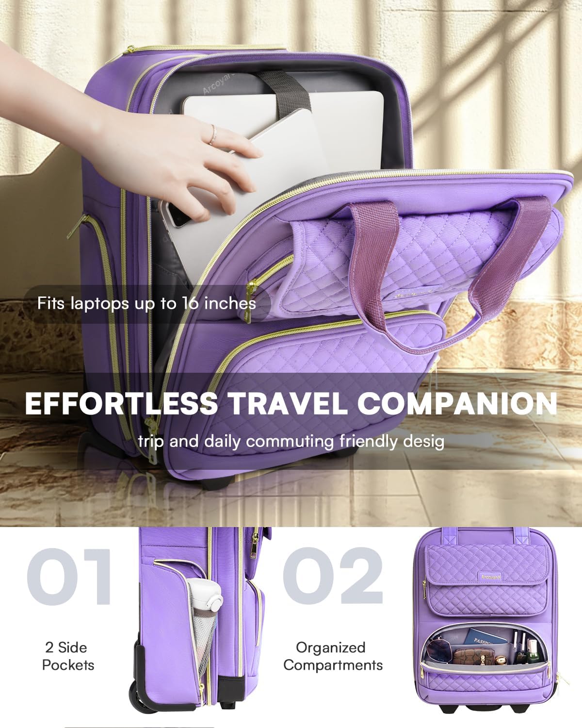 Underseat Carry On Luggage with Wheels, Airline Approved Personal Item Luggage, 16-Inch Multi-functional Underseat Luggage, Lightweight Overnight Suitcase for Women, Bussiness, Travel, Black