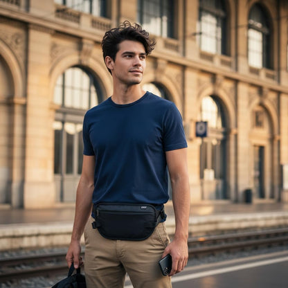 Money Belt for Men Travel, Anti-Theft Hidden Waist Pack, RFID Secure Travel Belt for Men, Ultra-Thin Under-Clothes Passport Wallet with Documentry Safety & Money Holder (Black-L)