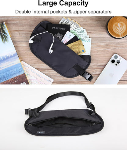 Money Belt for Men Travel, Anti-Theft Hidden Waist Pack, RFID Secure Travel Belt for Men, Ultra-Thin Under-Clothes Passport Wallet with Documentry Safety & Money Holder (Black-L)