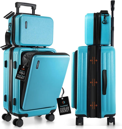 22 Inch Carry On Luggage, Carry On Suitcase with Wheels, Expandable Hardside Luggage Carry On, Teal Small Suitcase, Hard Shell Carry-on Luggage, Spinner Luggage with Cosmetic Carry On Bag