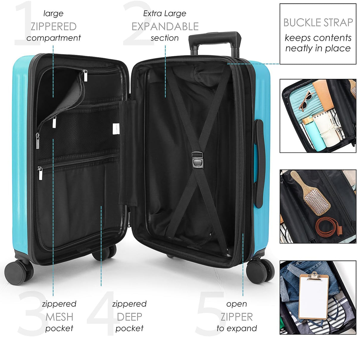 22 Inch Carry On Luggage, Carry On Suitcase with Wheels, Expandable Hardside Luggage Carry On, Teal Small Suitcase, Hard Shell Carry-on Luggage, Spinner Luggage with Cosmetic Carry On Bag