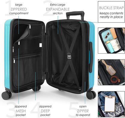 22 Inch Carry On Luggage, Carry On Suitcase with Wheels, Expandable Hardside Luggage Carry On, Teal Small Suitcase, Hard Shell Carry-on Luggage, Spinner Luggage with Cosmetic Carry On Bag