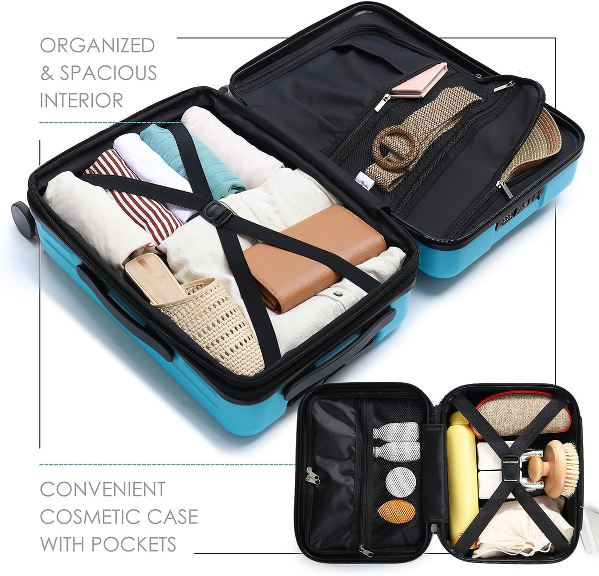 22 Inch Carry On Luggage, Carry On Suitcase with Wheels, Expandable Hardside Luggage Carry On, Teal Small Suitcase, Hard Shell Carry-on Luggage, Spinner Luggage with Cosmetic Carry On Bag