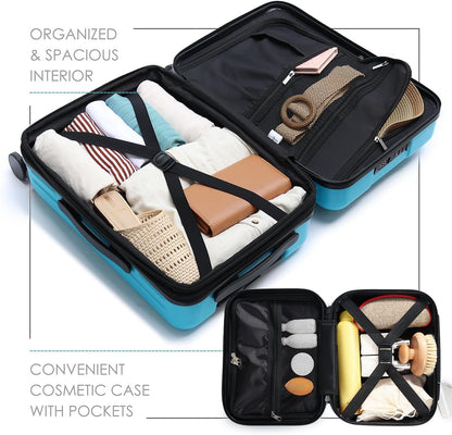 22 Inch Carry On Luggage, Carry On Suitcase with Wheels, Expandable Hardside Luggage Carry On, Teal Small Suitcase, Hard Shell Carry-on Luggage, Spinner Luggage with Cosmetic Carry On Bag