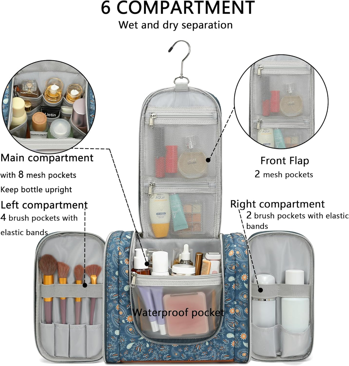 Hanging Travel Toiletry Bag For Women, 4 in 1 Water-Resistant Bule Stripe Canvas Fabric Toiletries Bags, Travel Organizer Bags For Cosmetics, Makeup and Toiletries Organizer Kit