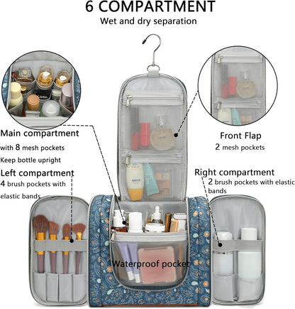 Hanging Travel Toiletry Bag For Women, 4 in 1 Water-Resistant Bule Stripe Canvas Fabric Toiletries Bags, Travel Organizer Bags For Cosmetics, Makeup and Toiletries Organizer Kit