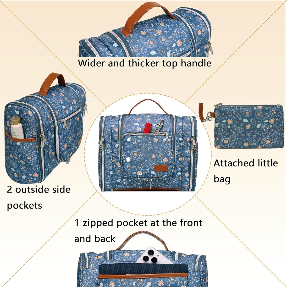 Hanging Travel Toiletry Bag For Women, 4 in 1 Water-Resistant Bule Stripe Canvas Fabric Toiletries Bags, Travel Organizer Bags For Cosmetics, Makeup and Toiletries Organizer Kit