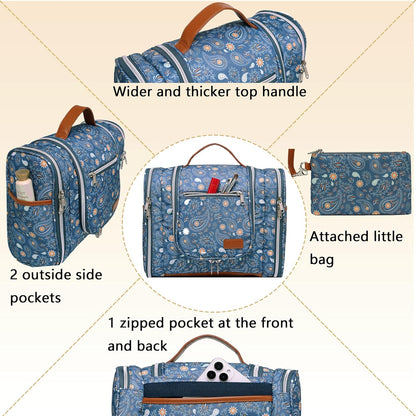 Hanging Travel Toiletry Bag For Women, 4 in 1 Water-Resistant Bule Stripe Canvas Fabric Toiletries Bags, Travel Organizer Bags For Cosmetics, Makeup and Toiletries Organizer Kit