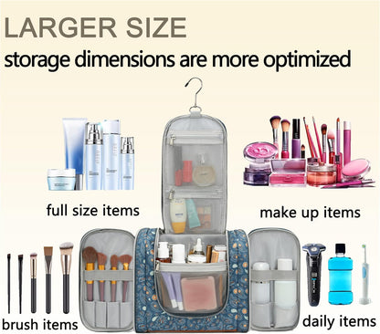Hanging Travel Toiletry Bag For Women, 4 in 1 Water-Resistant Bule Stripe Canvas Fabric Toiletries Bags, Travel Organizer Bags For Cosmetics, Makeup and Toiletries Organizer Kit