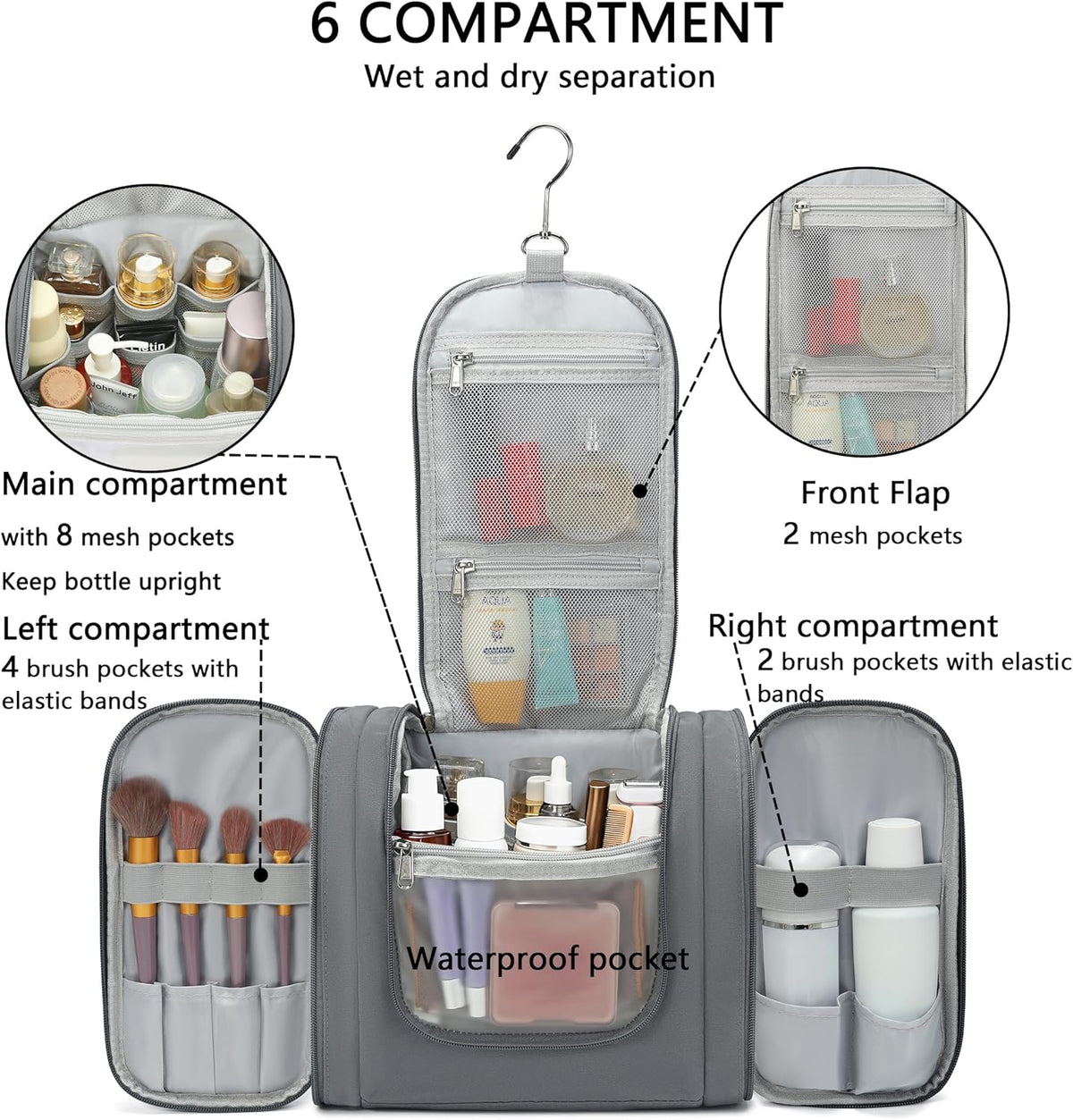 Hanging Travel Toiletry Bag For Women, 4 in 1 Water-Resistant Bule Stripe Canvas Fabric Toiletries Bags, Travel Organizer Bags For Cosmetics, Makeup and Toiletries Organizer Kit