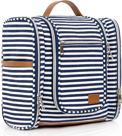 Hanging Travel Toiletry Bag For Women, 4 in 1 Water-Resistant Bule Stripe Canvas Fabric Toiletries Bags, Travel Organizer Bags For Cosmetics, Makeup and Toiletries Organizer Kit