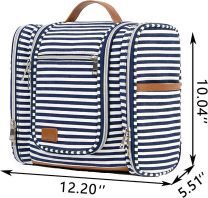 Hanging Travel Toiletry Bag For Women, 4 in 1 Water-Resistant Bule Stripe Canvas Fabric Toiletries Bags, Travel Organizer Bags For Cosmetics, Makeup and Toiletries Organizer Kit