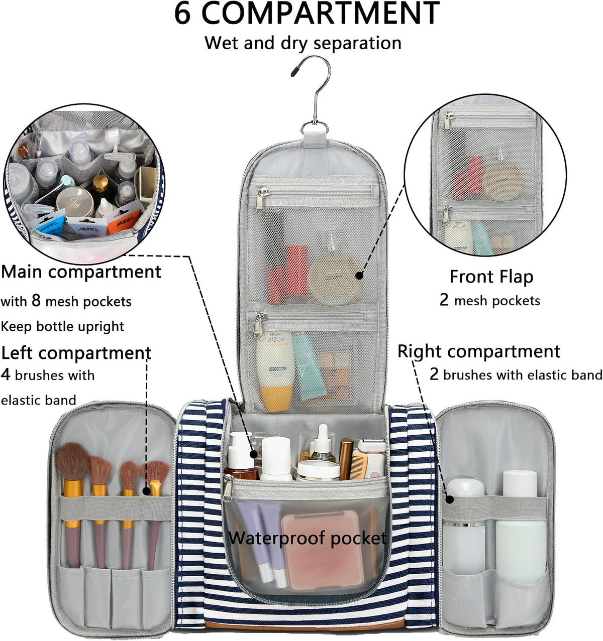 Hanging Travel Toiletry Bag For Women, 4 in 1 Water-Resistant Bule Stripe Canvas Fabric Toiletries Bags, Travel Organizer Bags For Cosmetics, Makeup and Toiletries Organizer Kit