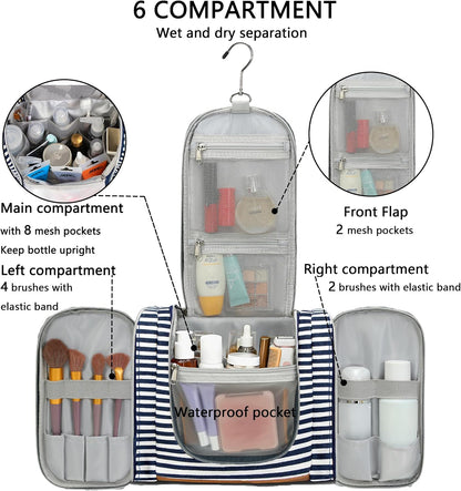 Hanging Travel Toiletry Bag For Women, 4 in 1 Water-Resistant Bule Stripe Canvas Fabric Toiletries Bags, Travel Organizer Bags For Cosmetics, Makeup and Toiletries Organizer Kit
