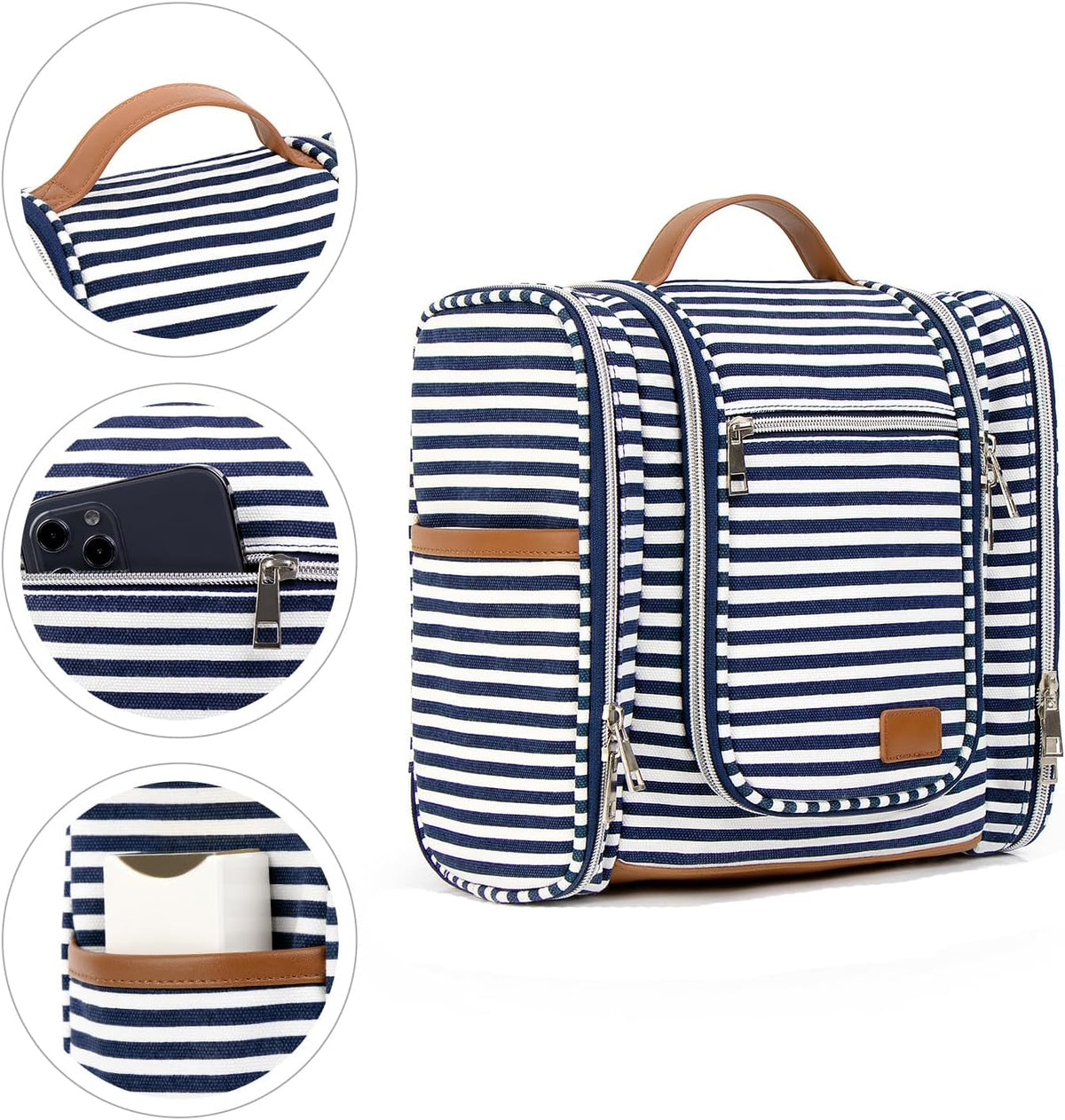 Hanging Travel Toiletry Bag For Women, 4 in 1 Water-Resistant Bule Stripe Canvas Fabric Toiletries Bags, Travel Organizer Bags For Cosmetics, Makeup and Toiletries Organizer Kit