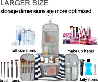 Hanging Travel Toiletry Bag For Women, 4 in 1 Water-Resistant Bule Stripe Canvas Fabric Toiletries Bags, Travel Organizer Bags For Cosmetics, Makeup and Toiletries Organizer Kit