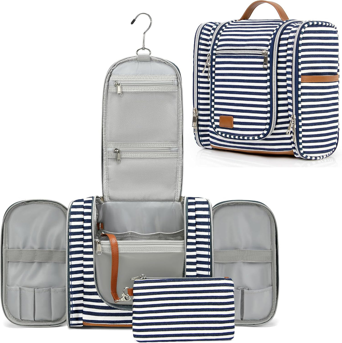 Hanging Travel Toiletry Bag For Women, 4 in 1 Water-Resistant Bule Stripe Canvas Fabric Toiletries Bags, Travel Organizer Bags For Cosmetics, Makeup and Toiletries Organizer Kit