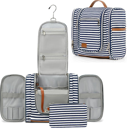 Hanging Travel Toiletry Bag For Women, 4 in 1 Water-Resistant Bule Stripe Canvas Fabric Toiletries Bags, Travel Organizer Bags For Cosmetics, Makeup and Toiletries Organizer Kit