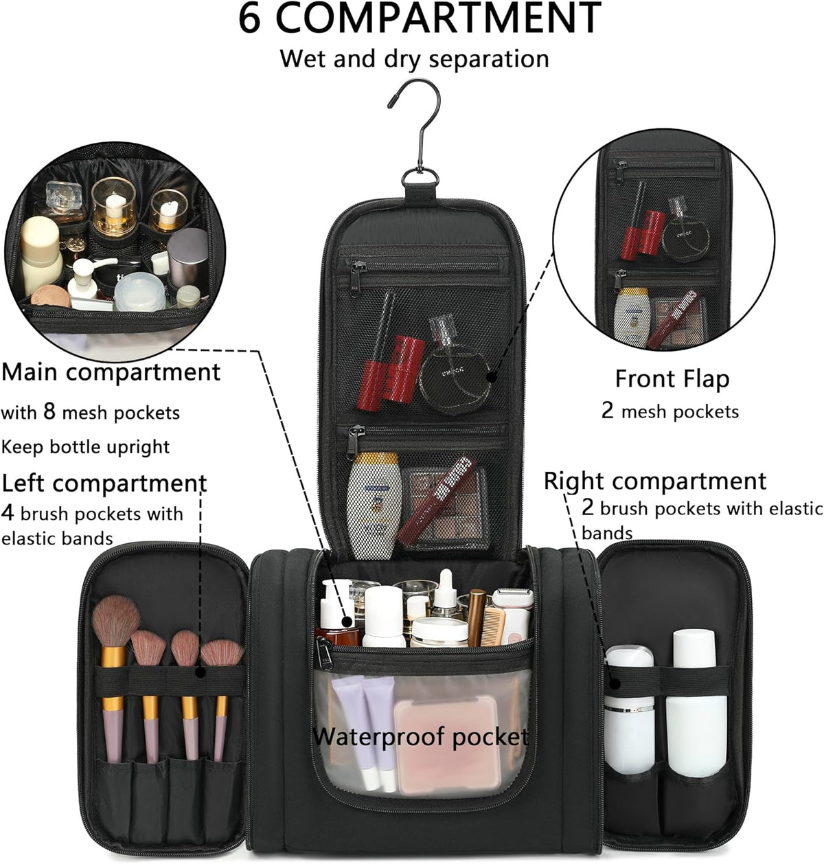 Hanging Travel Toiletry Bag For Women, 4 in 1 Water-Resistant Bule Stripe Canvas Fabric Toiletries Bags, Travel Organizer Bags For Cosmetics, Makeup and Toiletries Organizer Kit