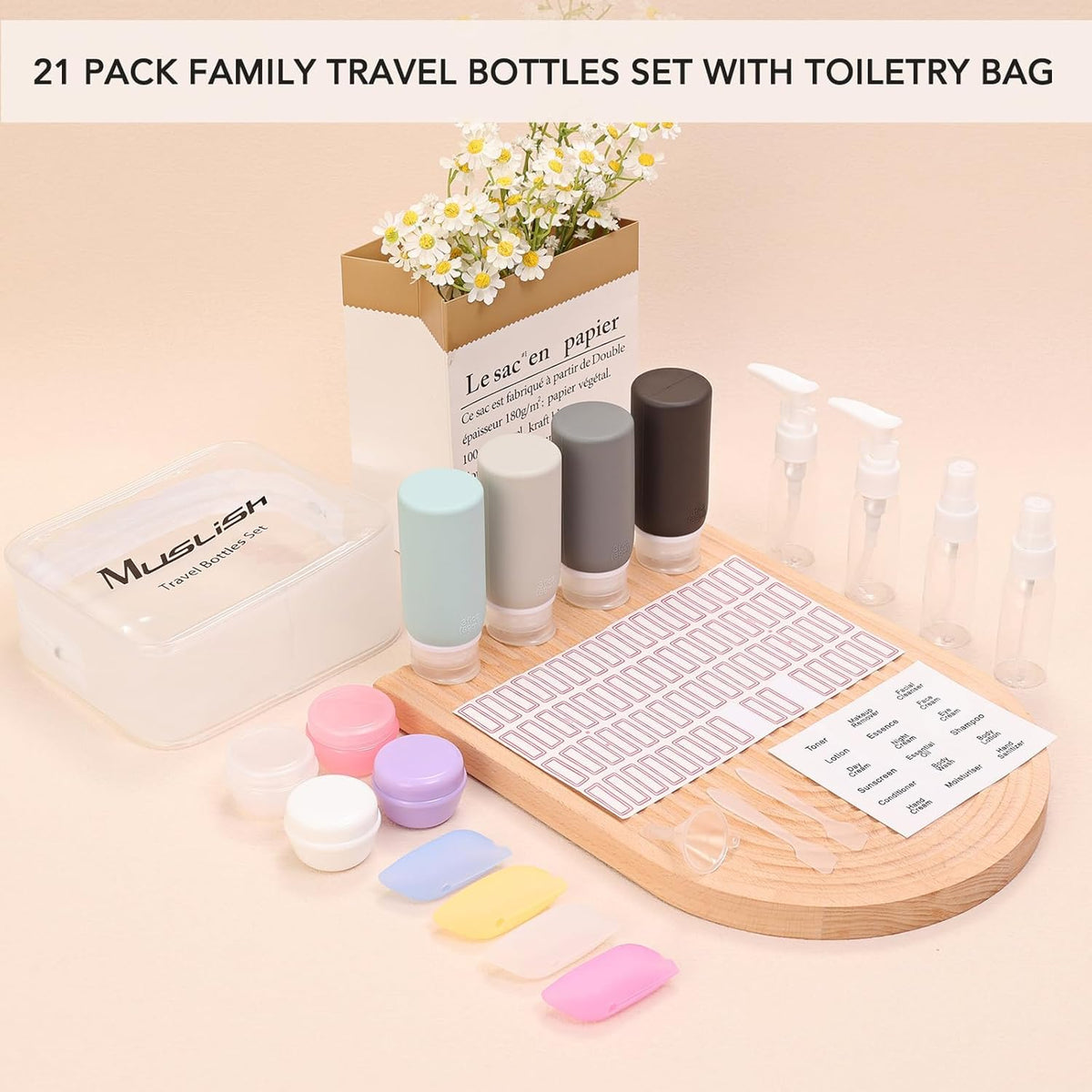21 Pack Leak Proof Silicone Travel Bottles Set, TSA Approved Containers for Toiletries, Travel Size Accessories and Shampoo Conditioner Bottles with Toiletry Bag (BPA Free)