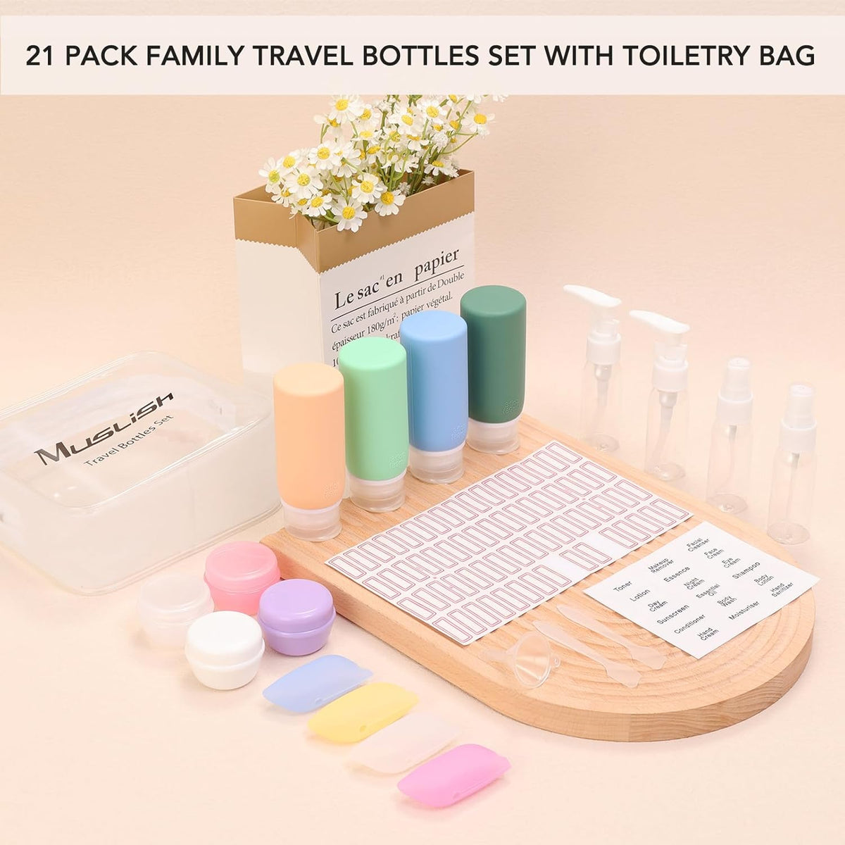 21 Pack Leak Proof Silicone Travel Bottles Set, TSA Approved Containers for Toiletries, Travel Size Accessories and Shampoo Conditioner Bottles with Toiletry Bag (BPA Free)