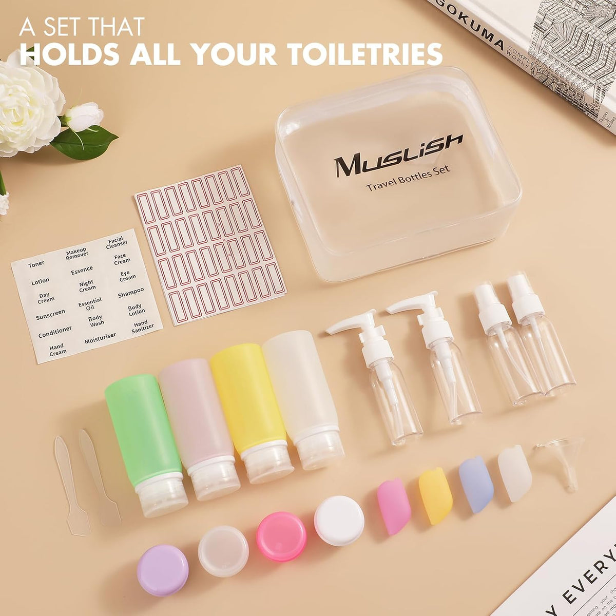 21 Pack Leak Proof Silicone Travel Bottles Set, TSA Approved Containers for Toiletries, Travel Size Accessories and Shampoo Conditioner Bottles with Toiletry Bag (BPA Free)