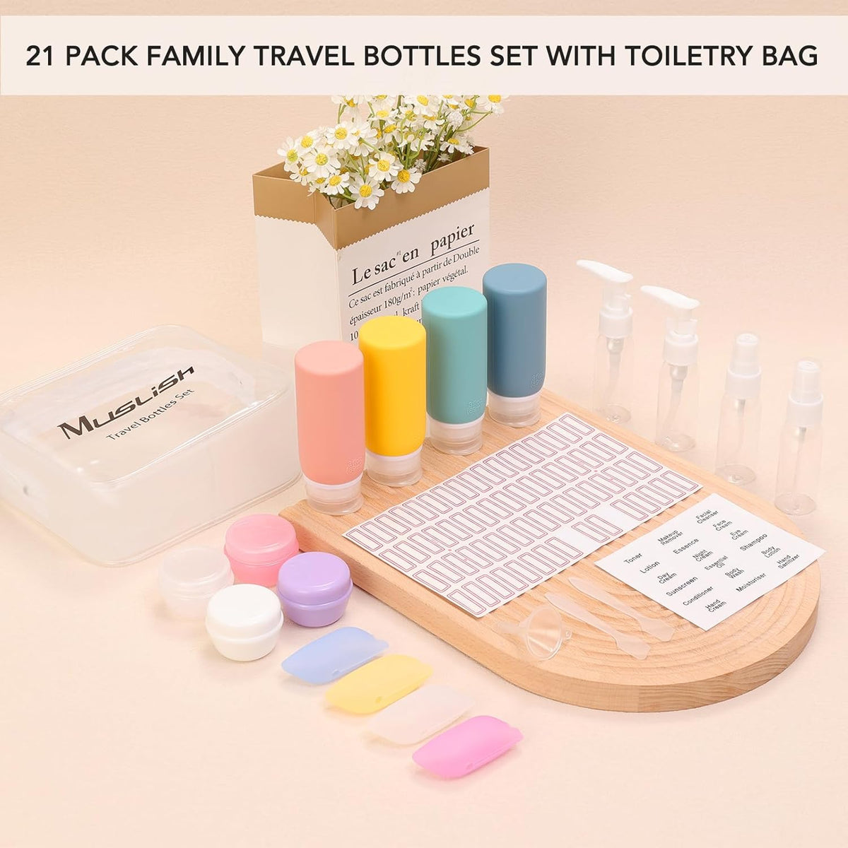 21 Pack Leak Proof Silicone Travel Bottles Set, TSA Approved Containers for Toiletries, Travel Size Accessories and Shampoo Conditioner Bottles with Toiletry Bag (BPA Free)