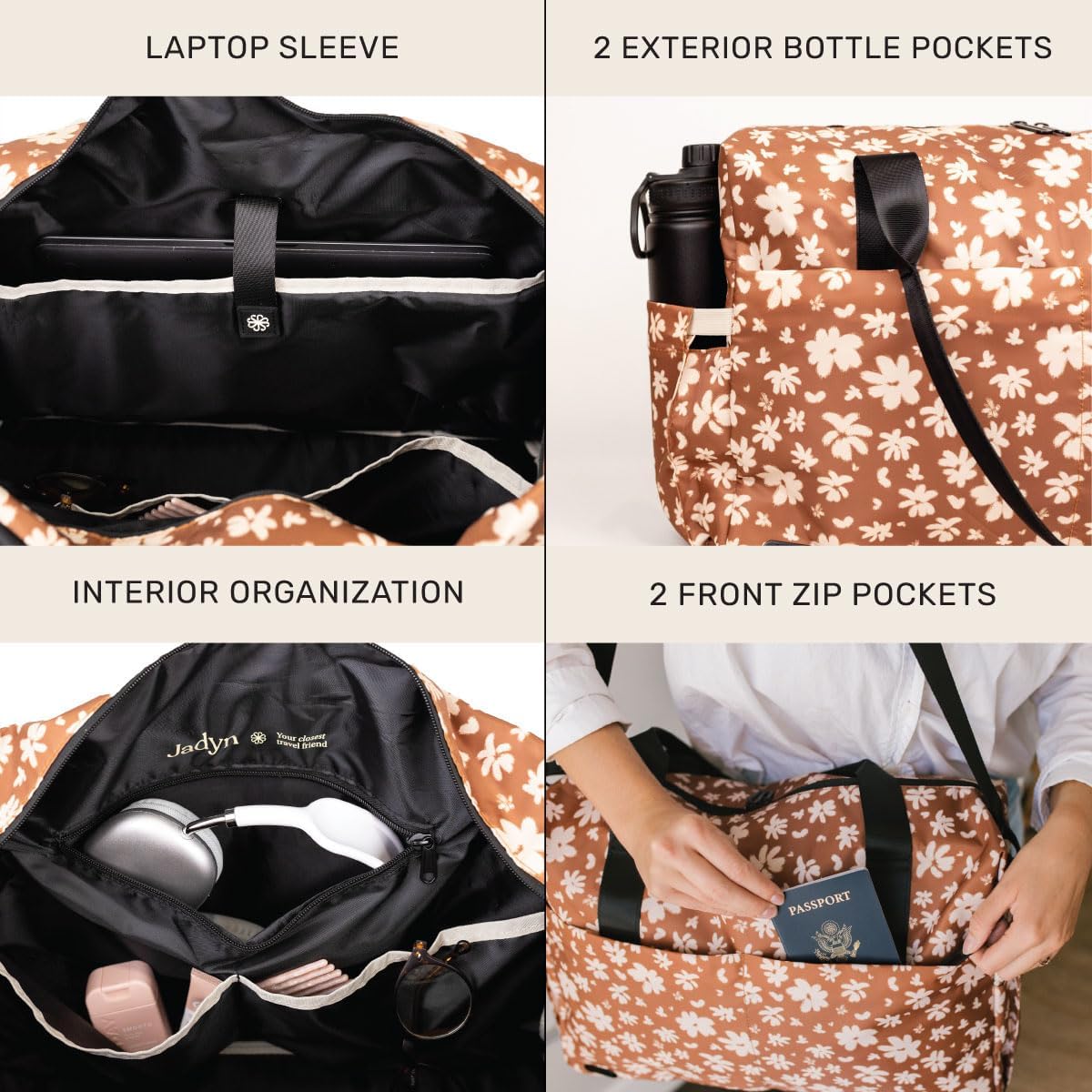 Austin Carry-On Travel Duffel Bag for Women, 18” Weekender Bag with Laptop Sleeve, Durable Material, and Trolley Sleeve, Ideal for Work, Gym, and Overnight Trips (Natural)