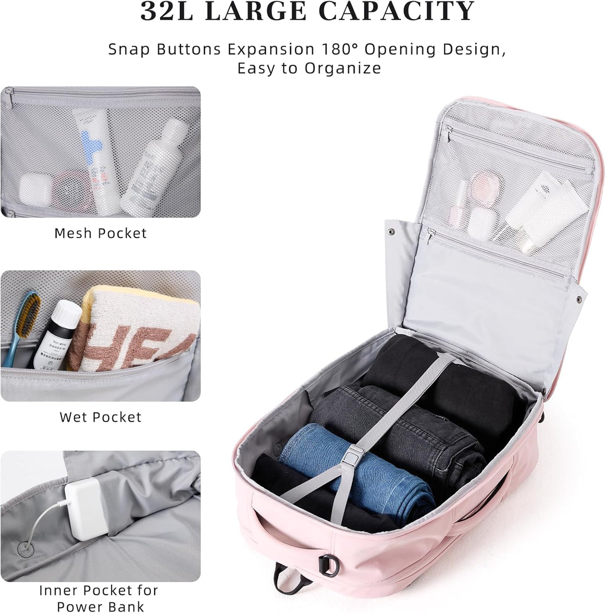 Travel Backpack for Women Men, 32L 4 In 1 Carry on Luggage Backpack, TSA Friendly Flight Approved 17 Inch Laptop Backpack, Waterproof Travel Bag for Work School Camping Hiking, Elegant Gray