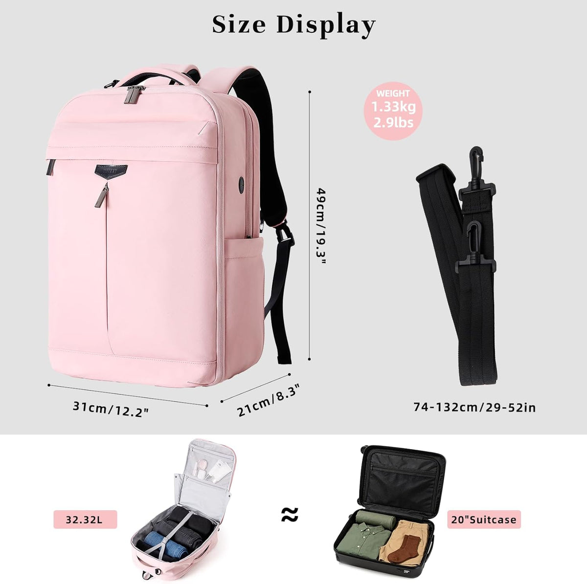 Travel Backpack for Women Men, 32L 4 In 1 Carry on Luggage Backpack, TSA Friendly Flight Approved 17 Inch Laptop Backpack, Waterproof Travel Bag for Work School Camping Hiking, Elegant Gray